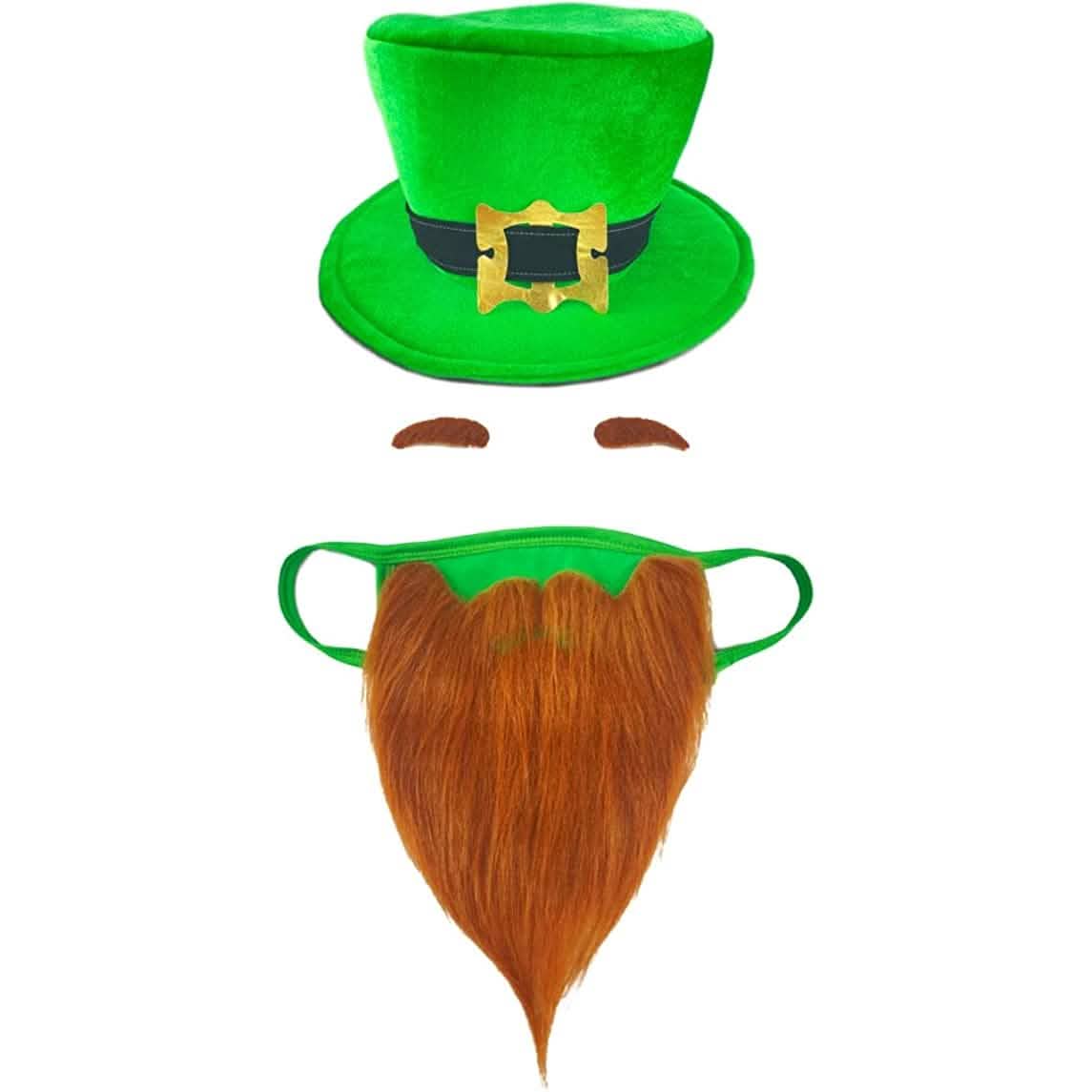 St. Patrick's Day Beard Face Mask and Green Hat Leprechaun Costume for Adults