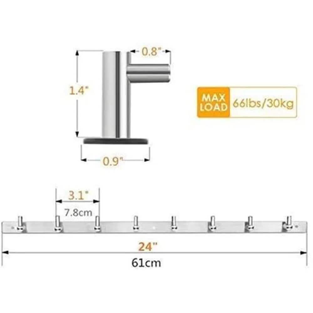 Stainless Steel 24" Wall Mounted Rack with 8 Hooks - Silver