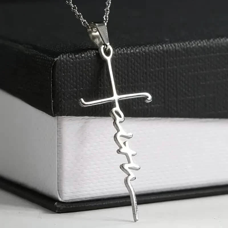 Collier pendentif religieux prière église mot foi en acier inoxydable