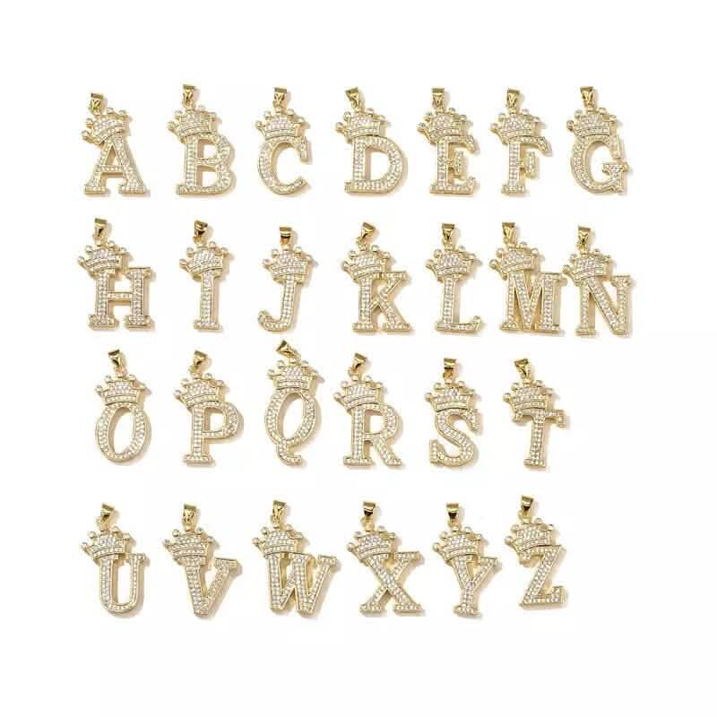 Stainless Steel Gold Overlay Hip Hop Crown A-Z Letters Necklace for Men and Women
