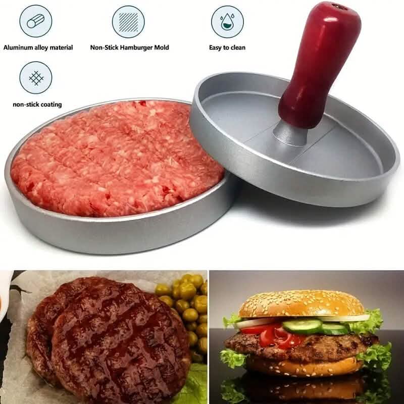 Presse à steak haché en acier inoxydable avec manche en bois