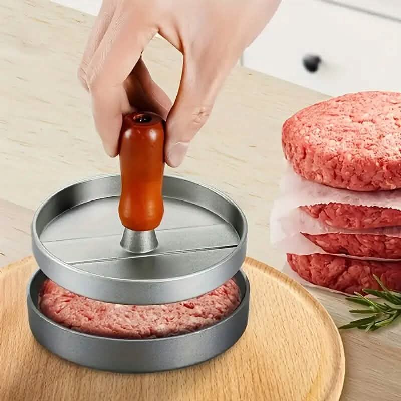 Presse à steak haché en acier inoxydable avec manche en bois