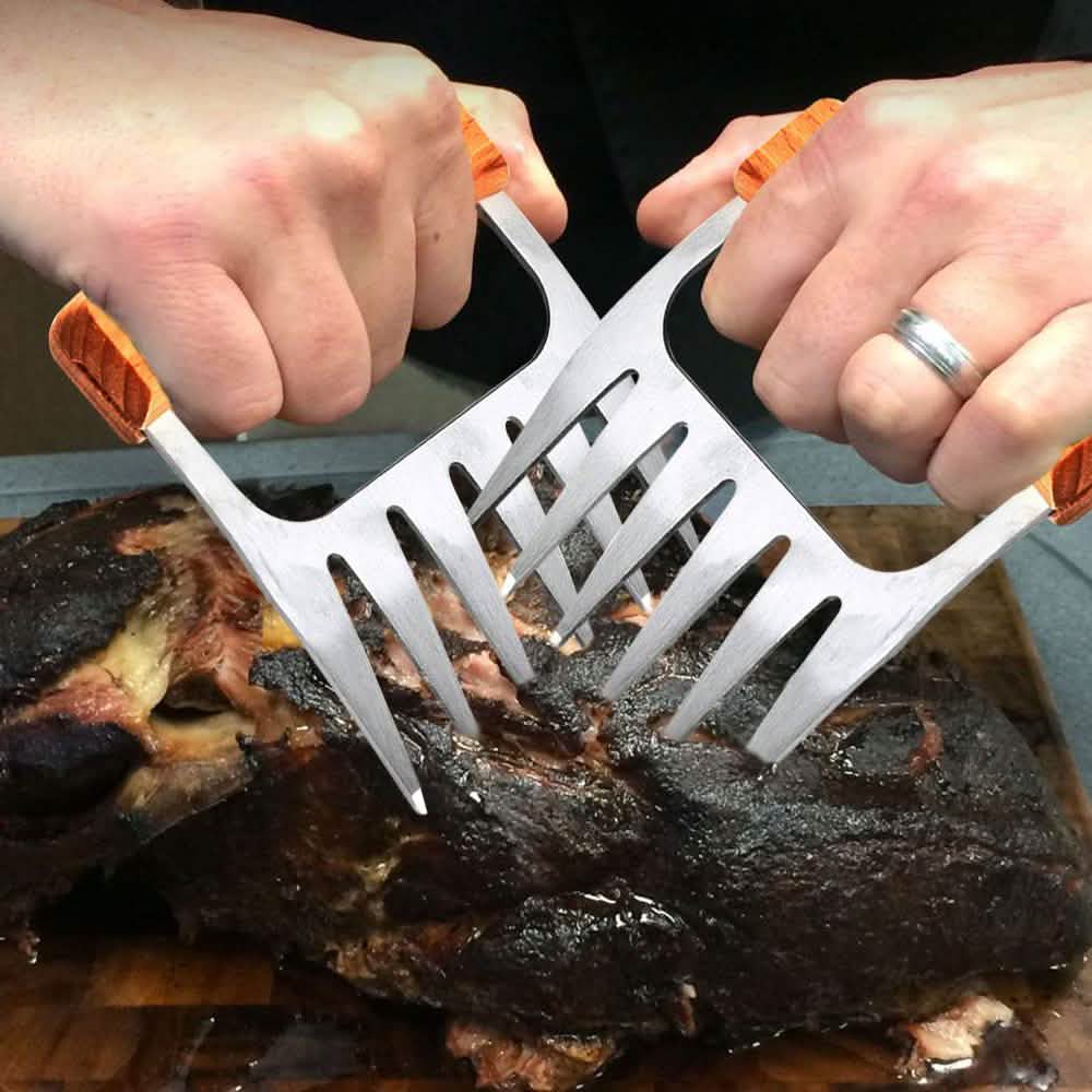 Griffes à viande en acier inoxydable avec manche en bois