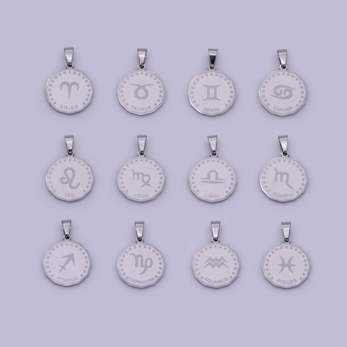 Stainless Steel Zodiac Horoscope Sign Silver Medallion Pendant | A-A1857-A-A1862