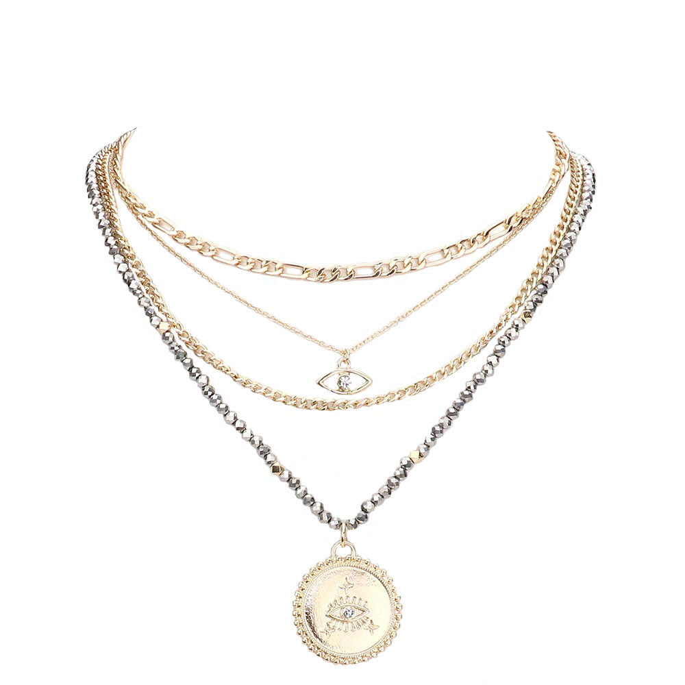 Stone Embellished Evil Eye Pendant Multi Layer Bib Necklace