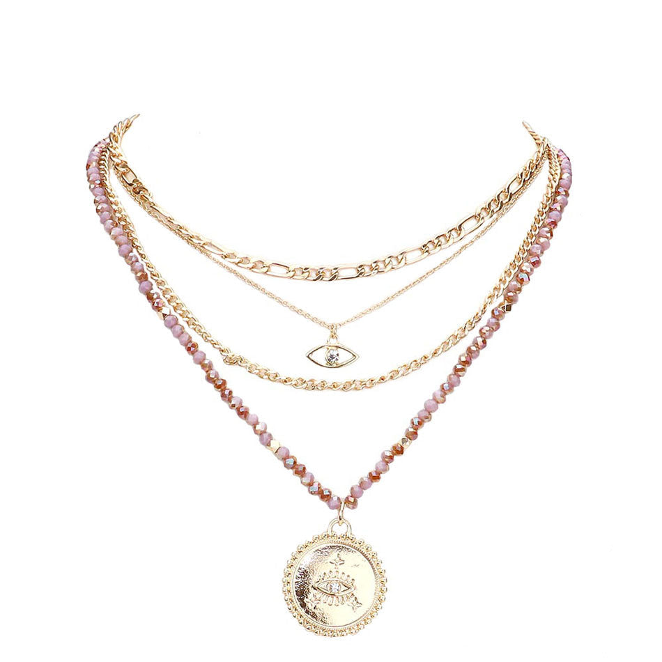 Stone Embellished Evil Eye Pendant Multi Layer Bib Necklace