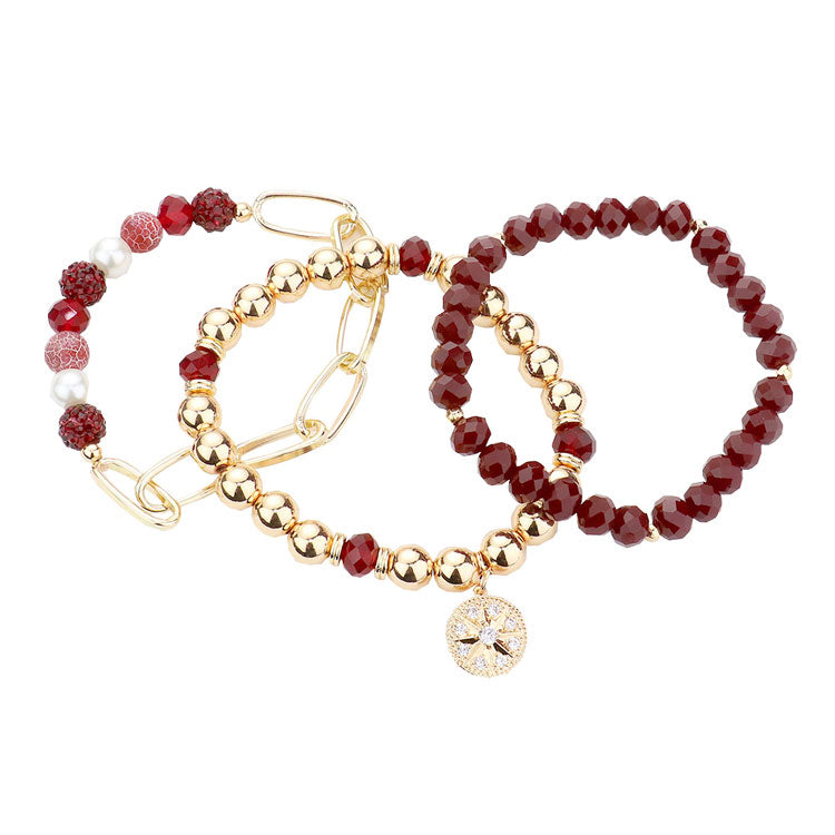 Stone Embellished North Star Charm Beaded Stretch Bracelets
