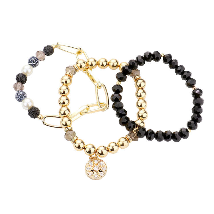 Stone Embellished North Star Charm Beaded Stretch Bracelets