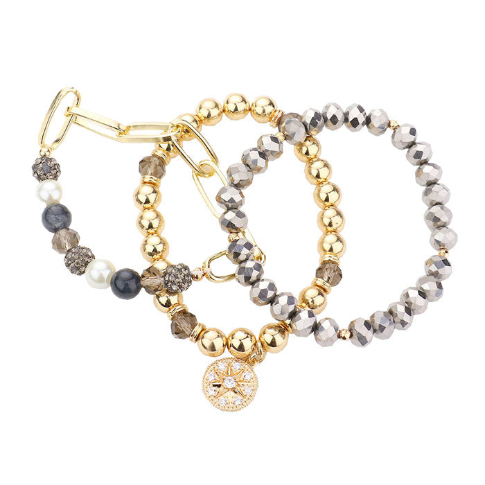 Stone Embellished North Star Charm Beaded Stretch Bracelets