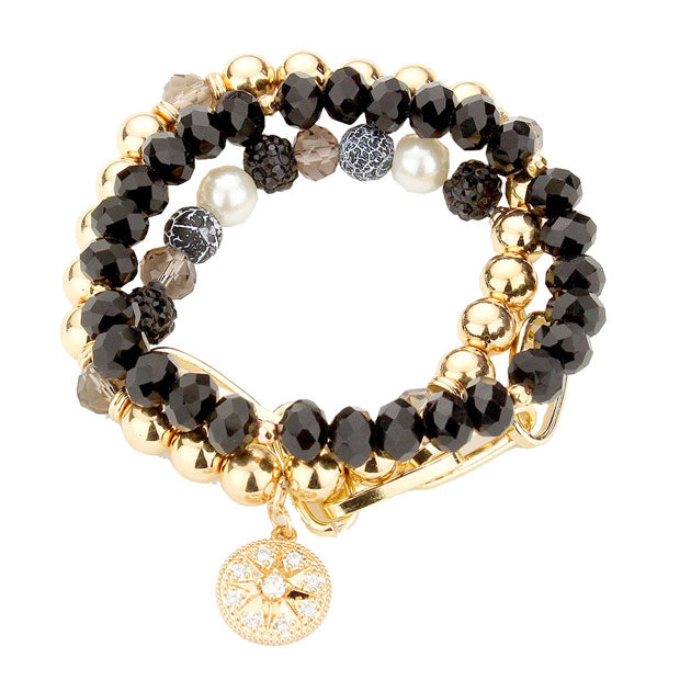 Stone Embellished North Star Charm Beaded Stretch Bracelets