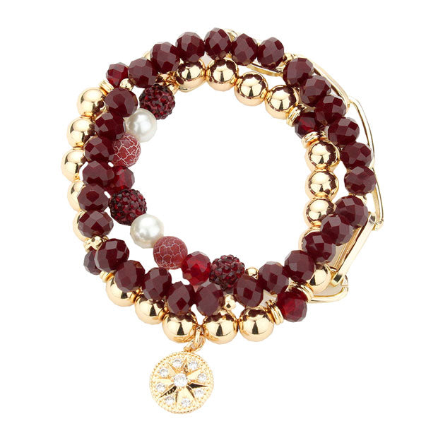 Stone Embellished North Star Charm Beaded Stretch Bracelets