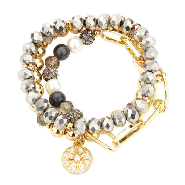 Stone Embellished North Star Charm Beaded Stretch Bracelets