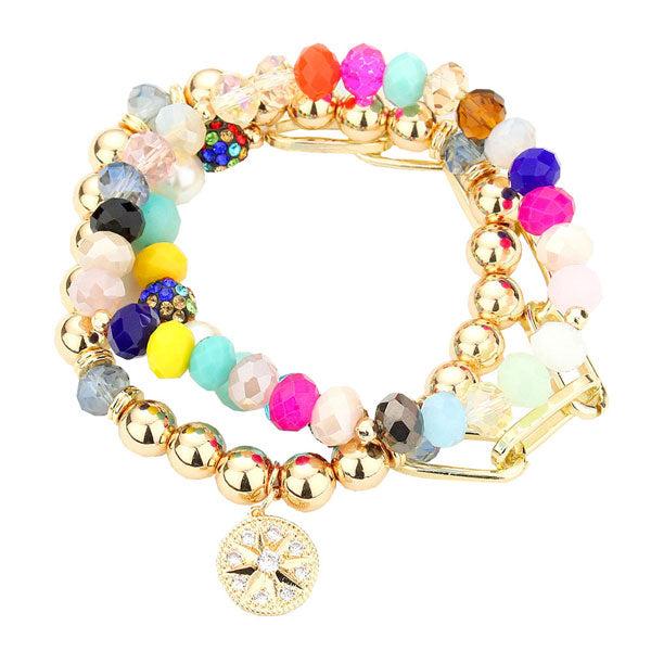 Stone Embellished North Star Charm Beaded Stretch Bracelets