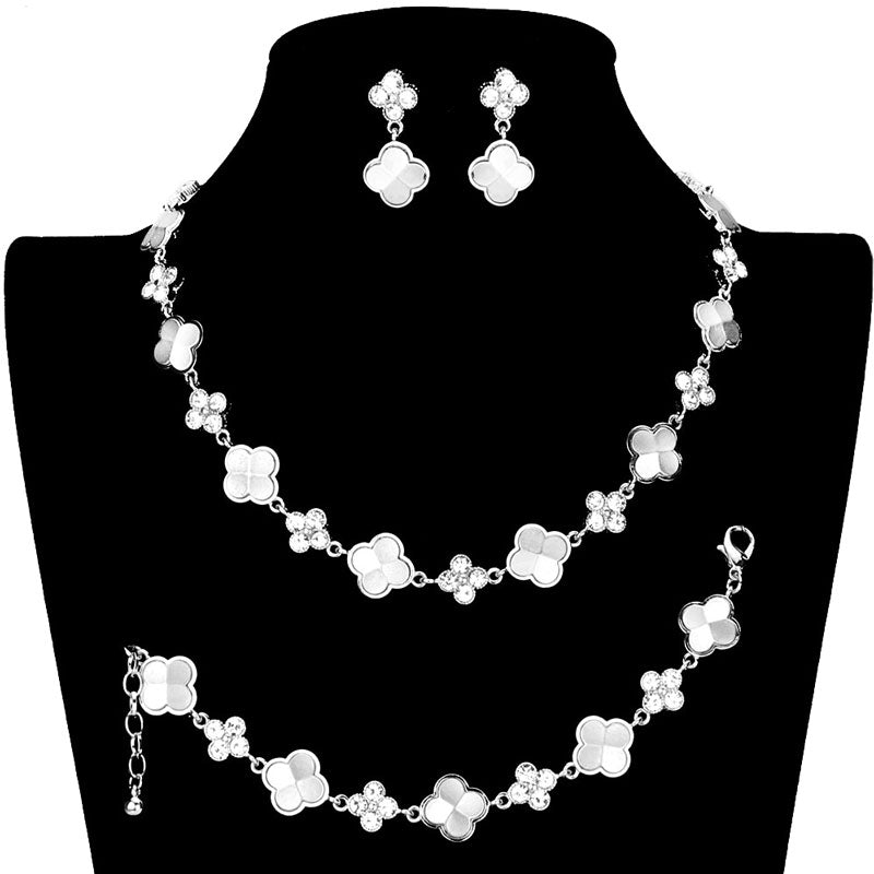 Stone Embellished Quatrefoil Link Necklace Earring Bracelet