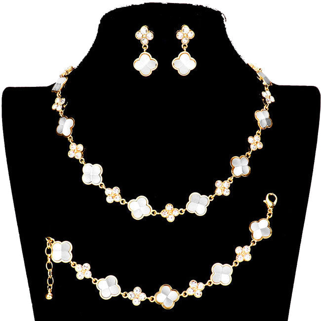 Stone Embellished Quatrefoil Link Necklace Earring Bracelet
