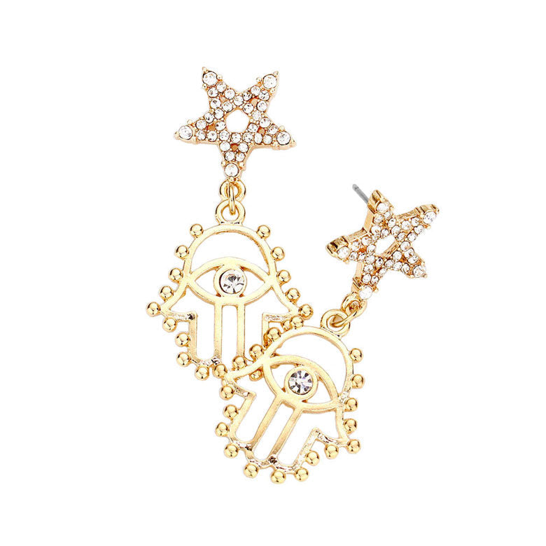 Stone Embellished Star Hamsa Hand Evil Eye Link Earrings