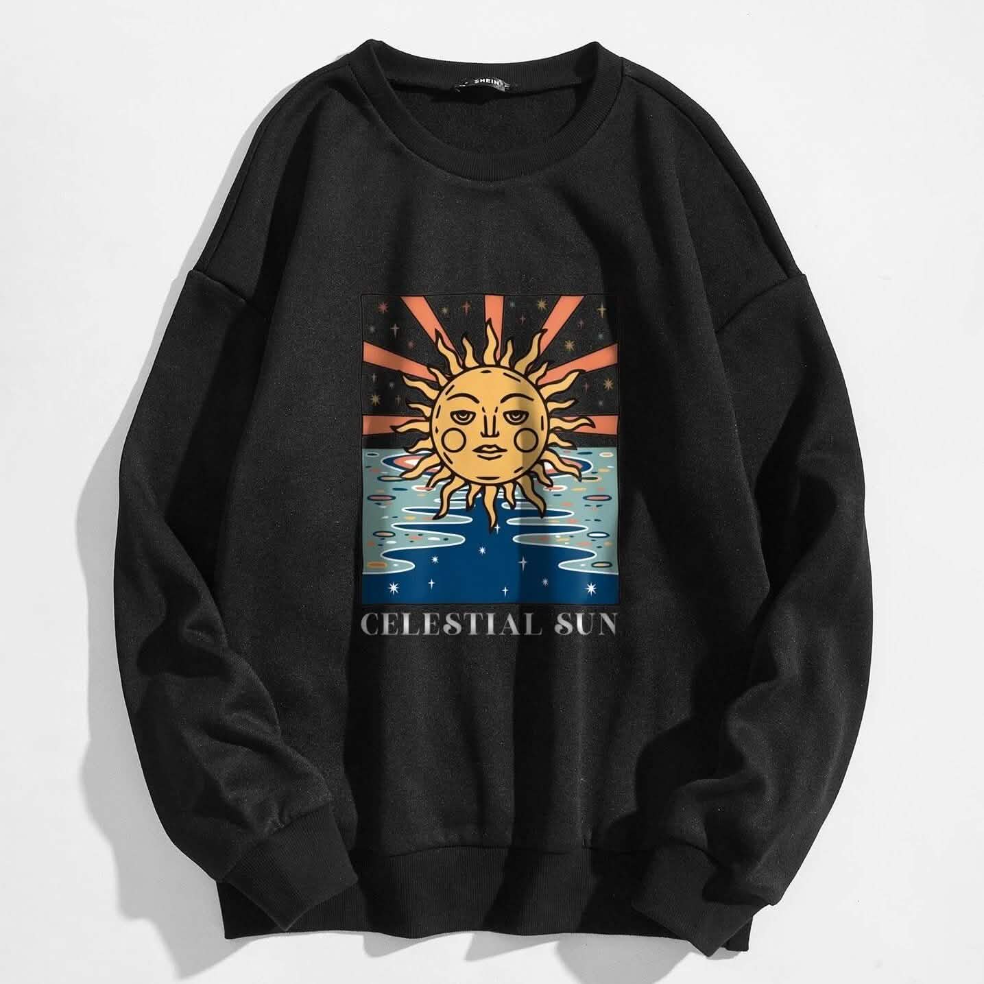 Sun and Letter Graphic Oversized Thermal Sweatshirt