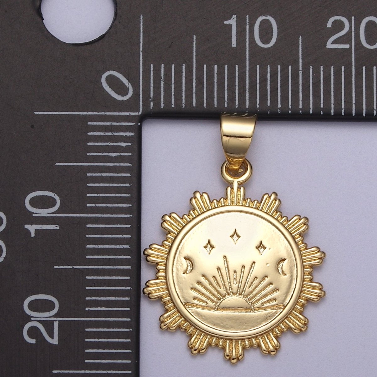 Sunrise pendant 24K Gold Filled Lead Nickel free, Unique Sun pendant, Coin charm, Round pendant, Jewelry making supplies H-394