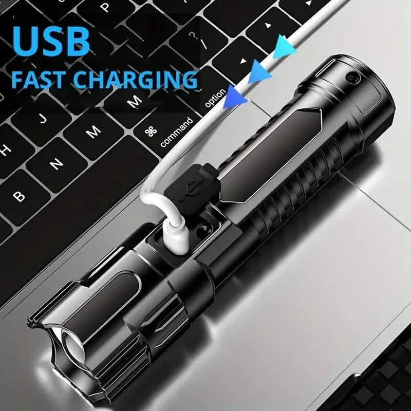 Lampe de poche super brillante, USB rechargeable, zoom télescopique, faisceau large