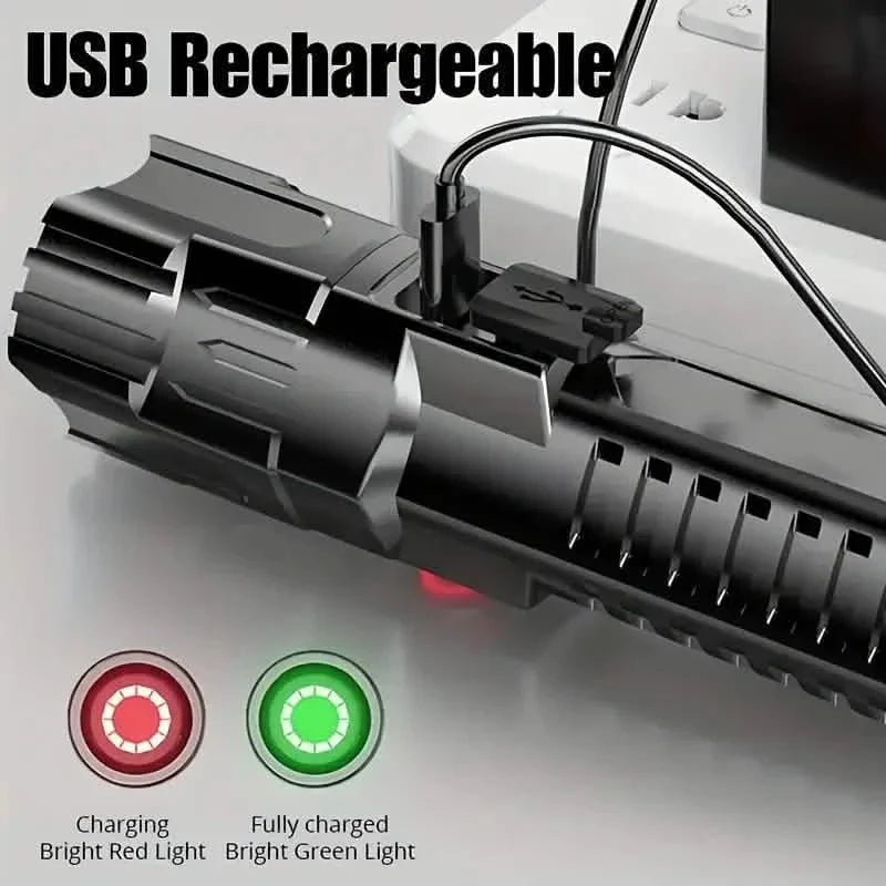 Lampe de poche super brillante, USB rechargeable, zoom télescopique, faisceau large