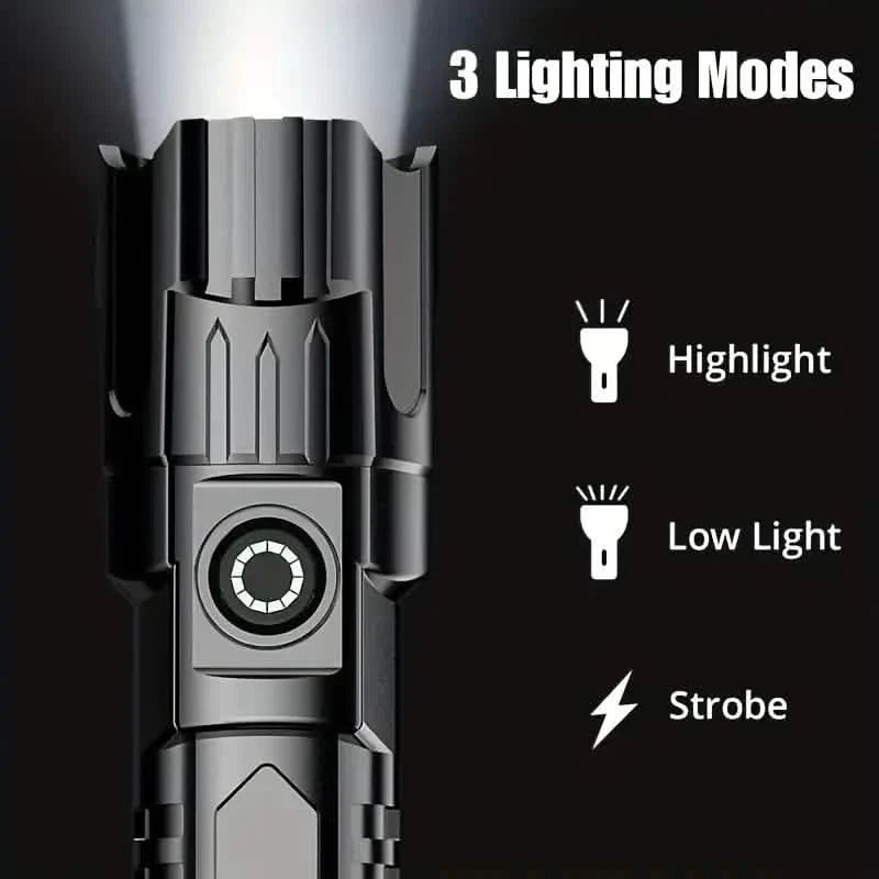 Lampe de poche super brillante, USB rechargeable, zoom télescopique, faisceau large