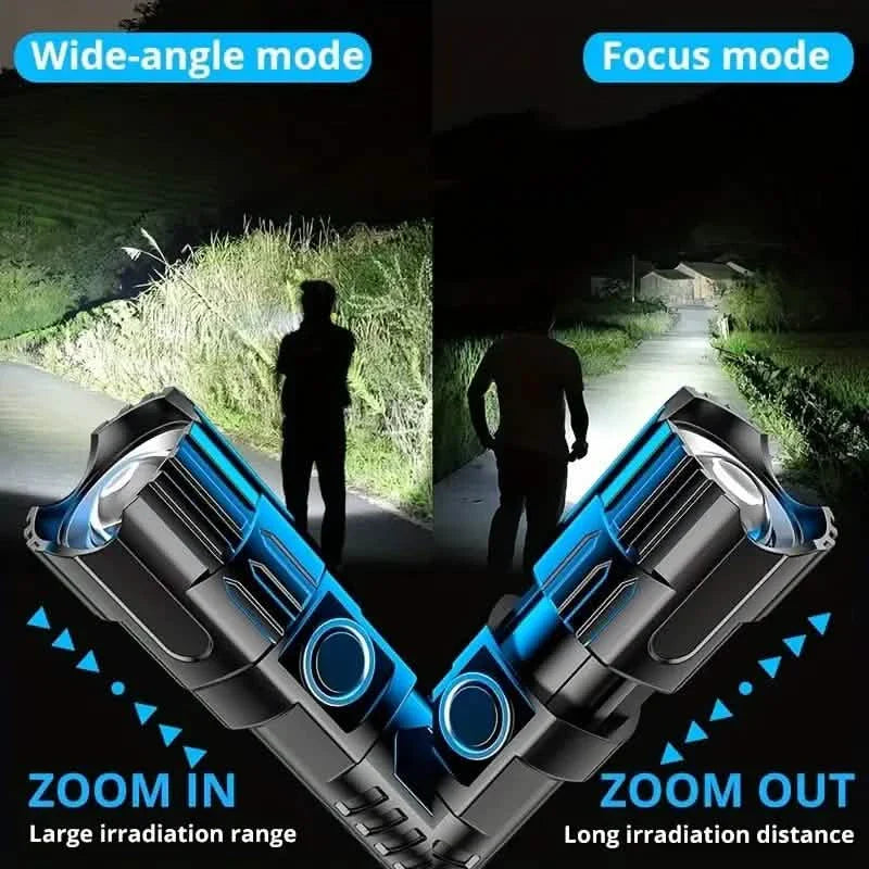 Lampe de poche super brillante, USB rechargeable, zoom télescopique, faisceau large