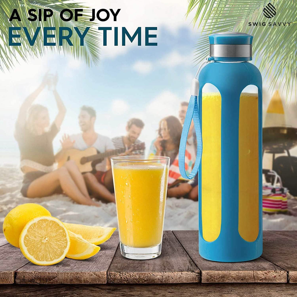 Swig Savvy ガラスウォーターボトル 保護用シリコンスリーブ＆ステンレス製漏れ防止蓋付き