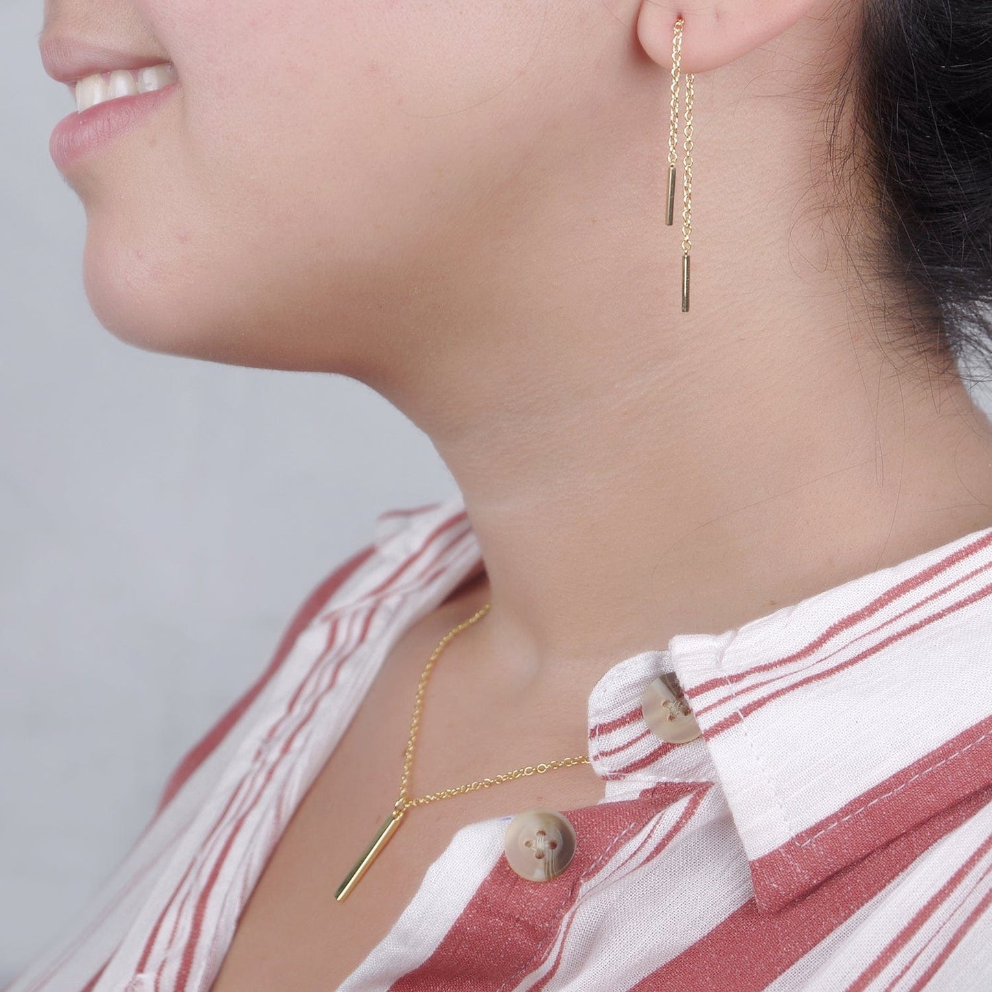 Sympathy Gold Bar Earring Threader and Necklace Jewelry Set
