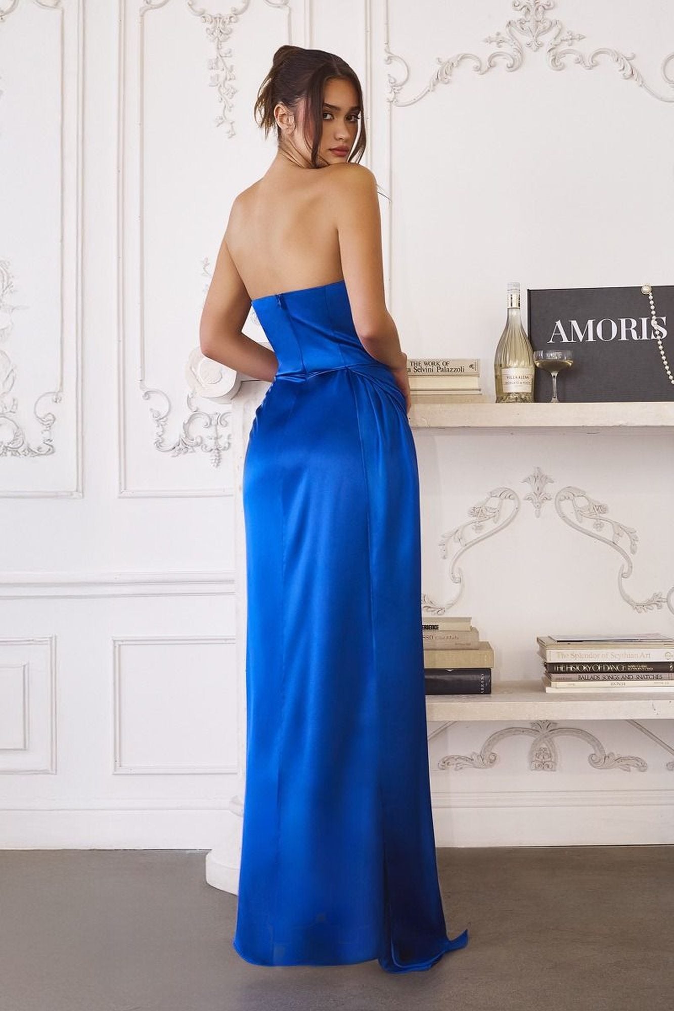 Amoris T215 Fitted Strapless Luxurious Satin Side Sash Evening Dress