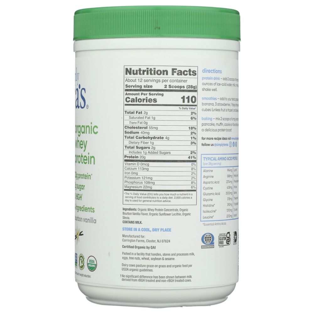 SIMPLY TERAS: Organic Whey Protein Bourbon Vanilla, 12 oz
