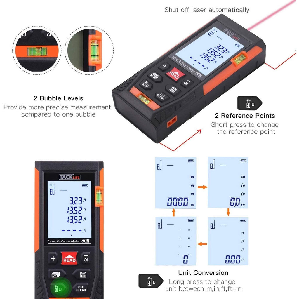 Tacklife HD60 Classic Laser Measuring Device 196Ft