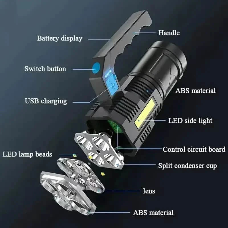 Lampe de poche tactique à LED, 800 mAh rechargeable par USB, lumière haute puissance avec 4 modes de sortie