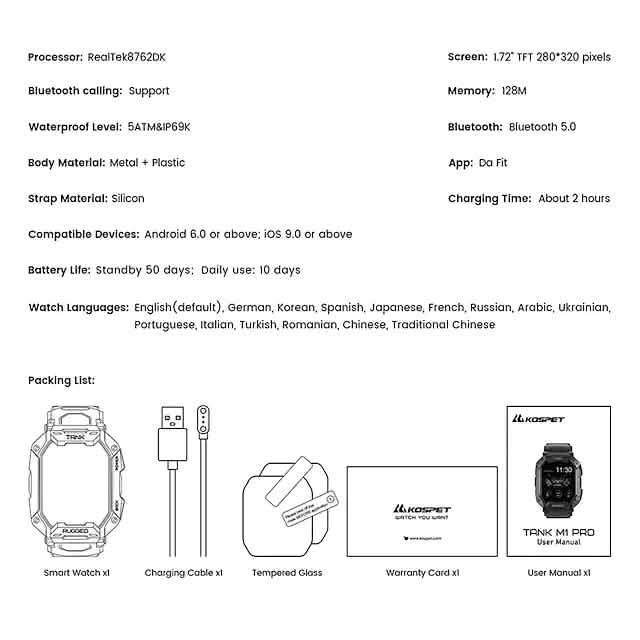 TANK M1 PRO Montre intelligente Montre connectée de fitness de 1,72 pouce