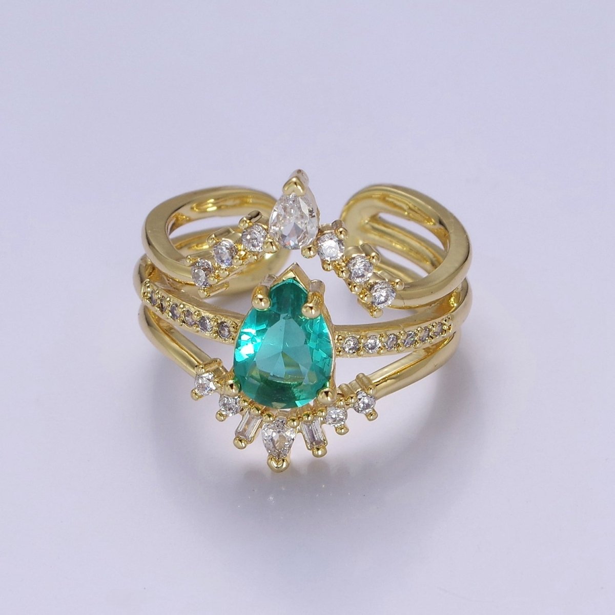 Teardrop Aqua CZ March Birthstone Micro Paved Triple Band Statement Gold Ring | O-2182