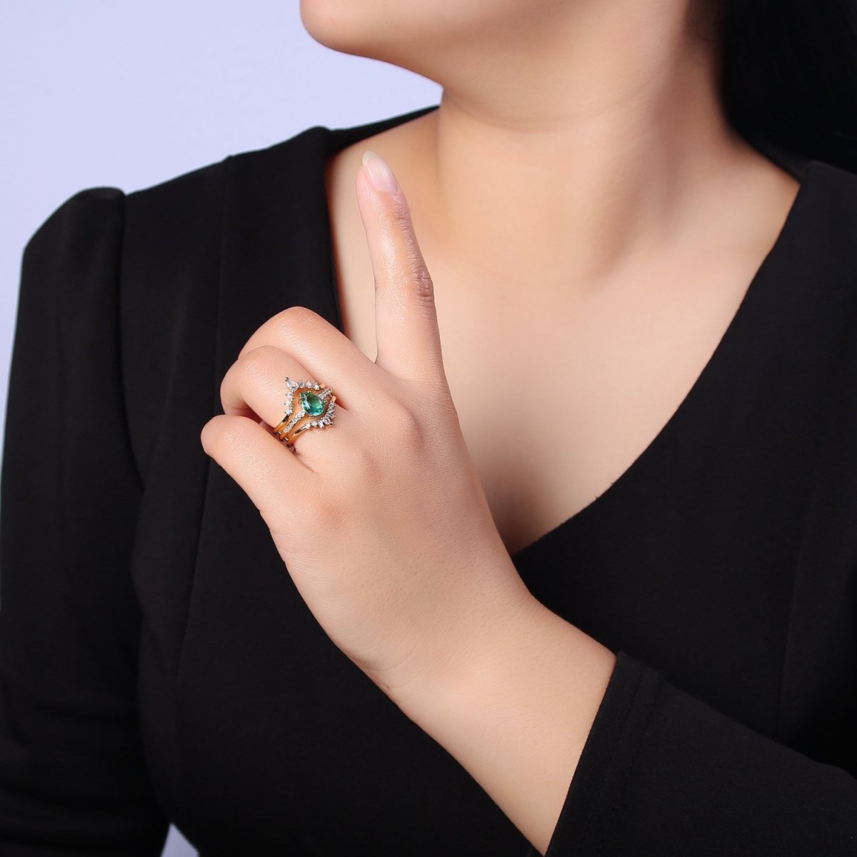 Teardrop Aqua CZ March Birthstone Micro Paved Triple Band Statement Gold Ring | O-2182