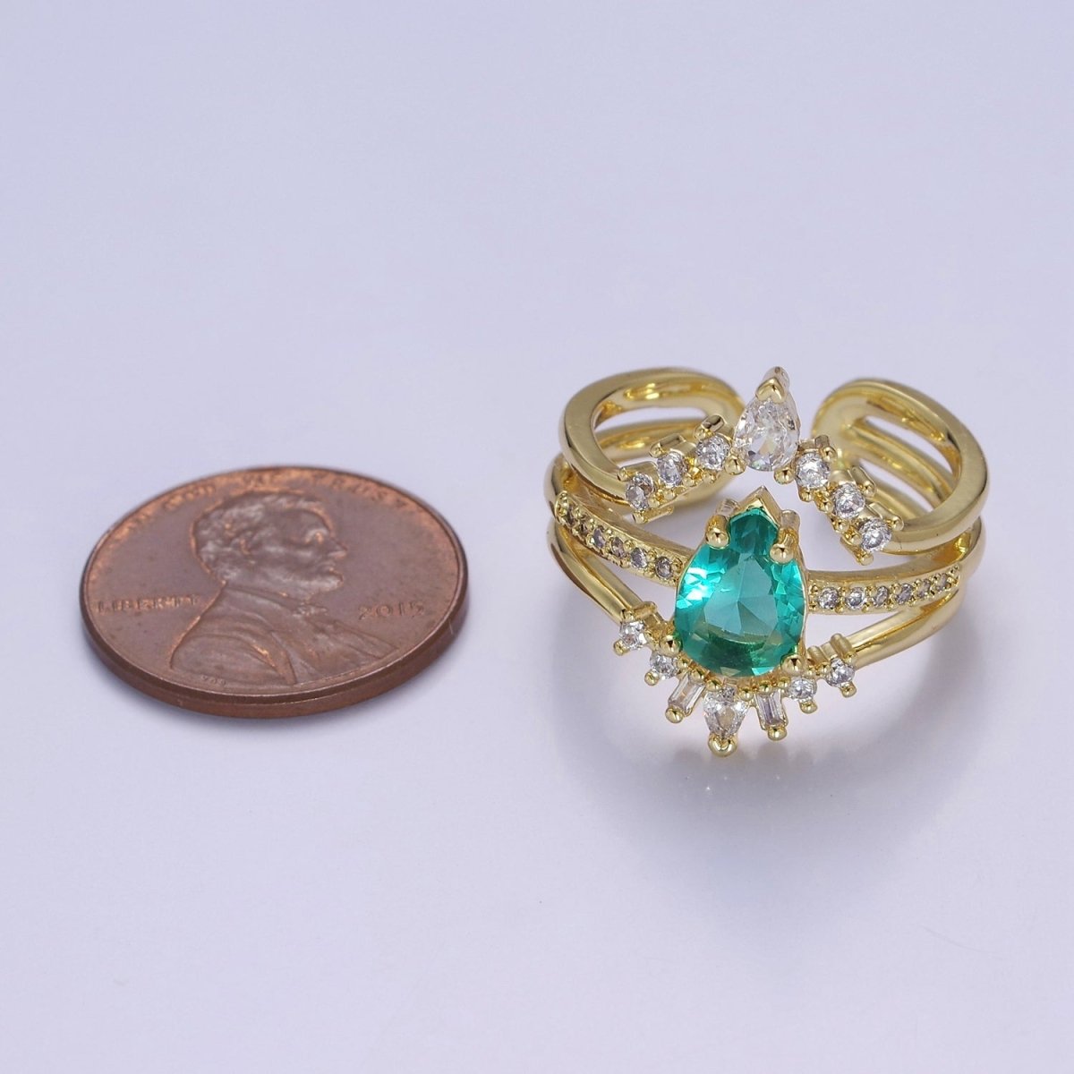 Teardrop Aqua CZ March Birthstone Micro Paved Triple Band Statement Gold Ring | O-2182