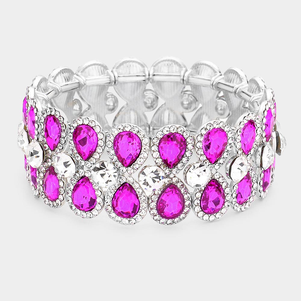 Teardrop Glass Crystal Pave Stretch Evening Bracelet