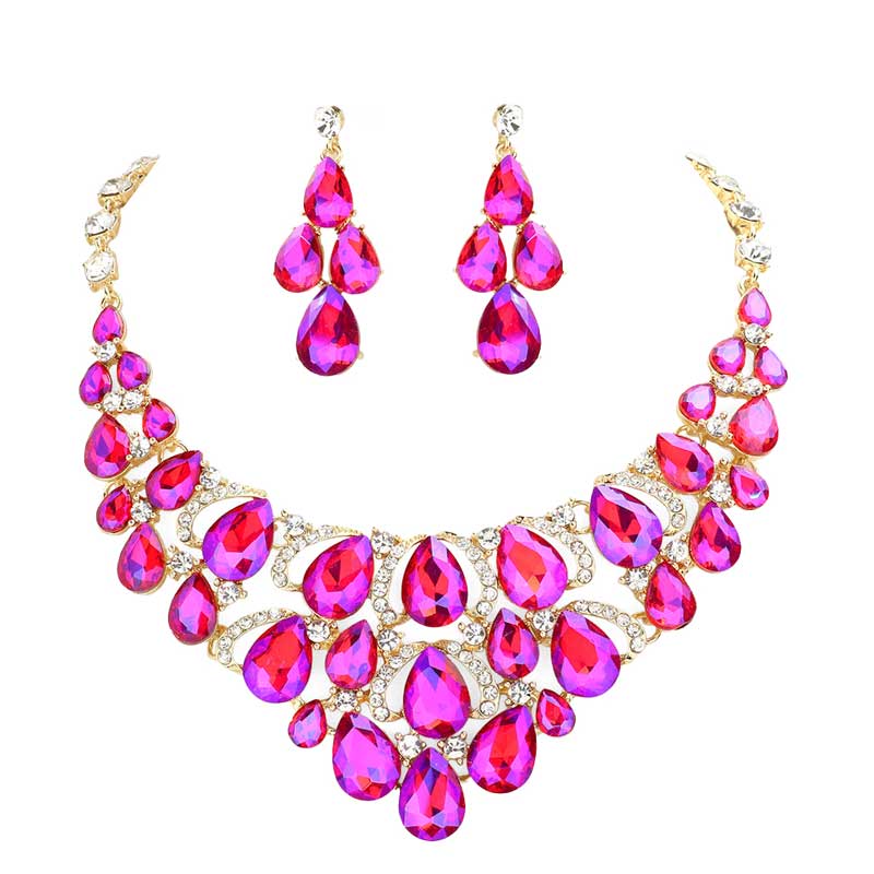 Teardrop Stone Cluster Evening Necklace Earring Set