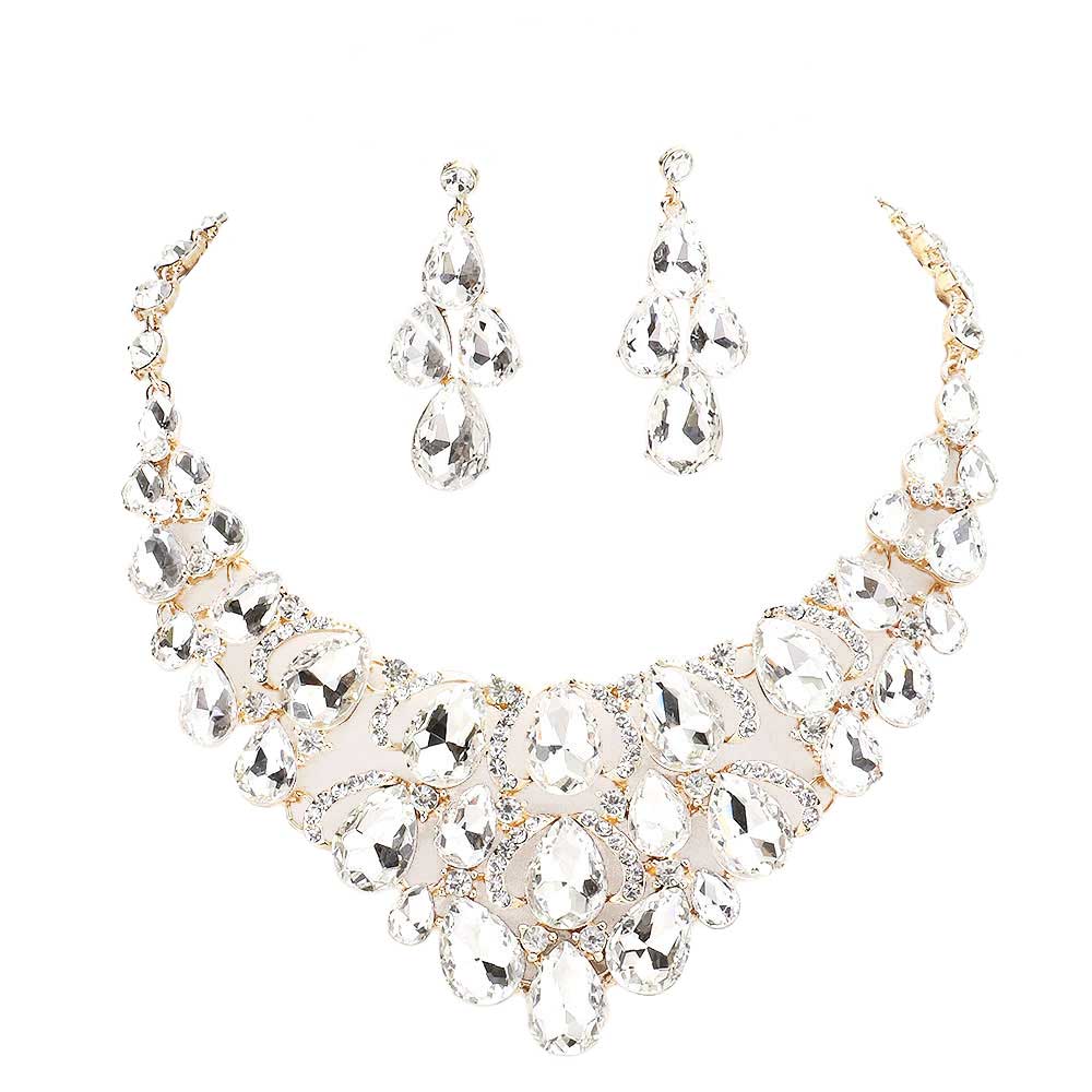 Teardrop Stone Cluster Evening Necklace Earring Set