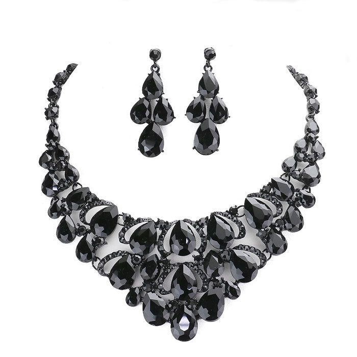 Teardrop Stone Cluster Evening Necklace Earring Set