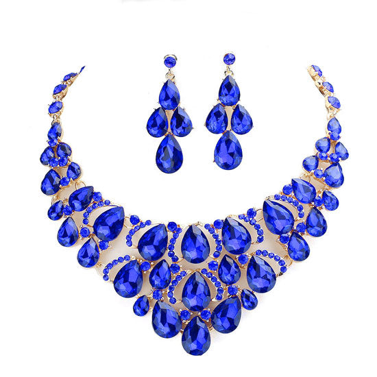 Teardrop Stone Cluster Evening Necklace Earring Set