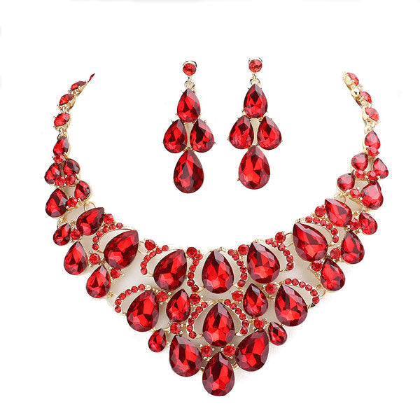 Teardrop Stone Cluster Evening Necklace Earring Set