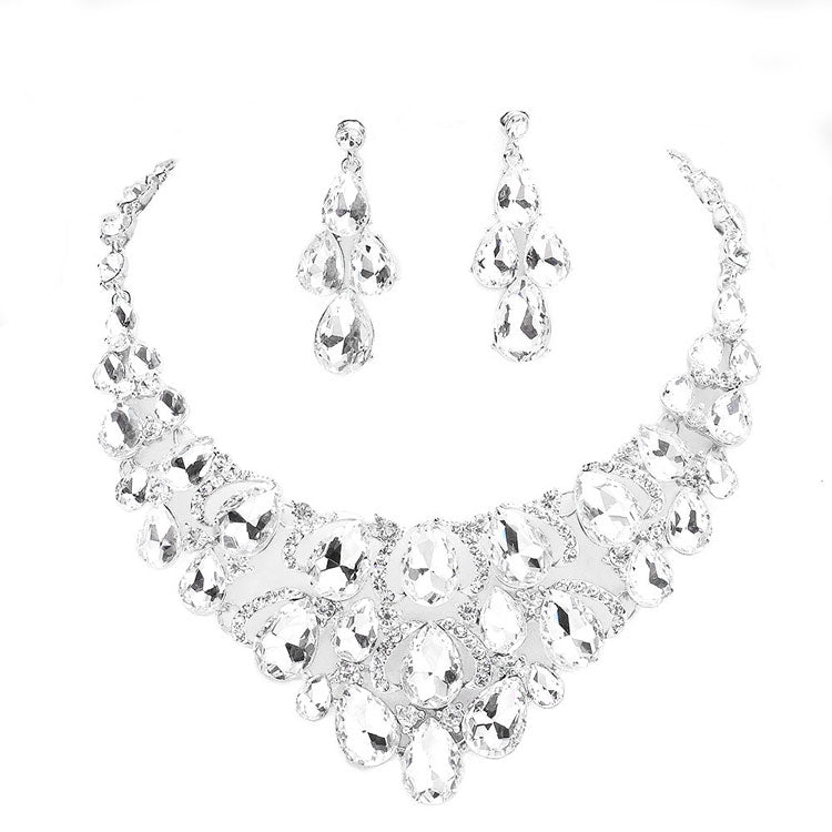 Teardrop Stone Cluster Evening Necklace Earring Set
