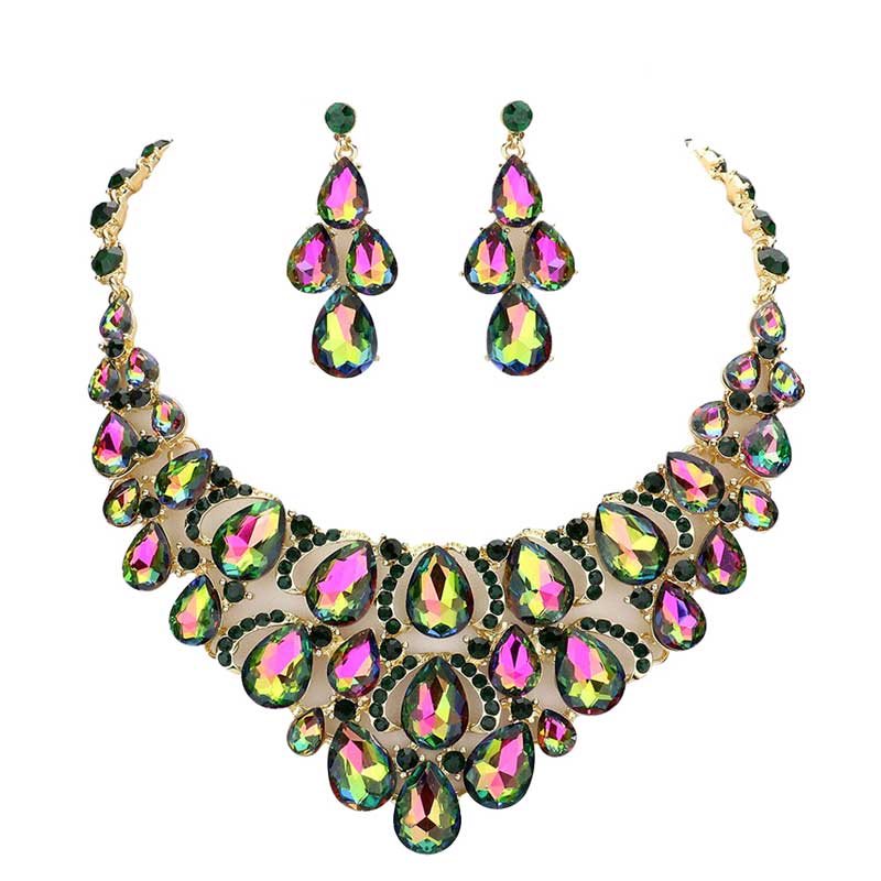 Teardrop Stone Cluster Evening Necklace Earring Set