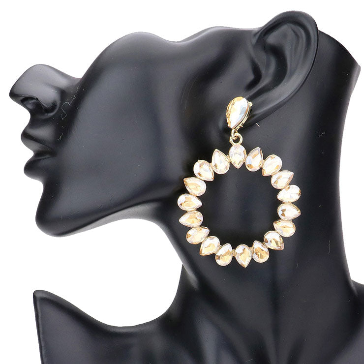 Teardrop Stone Cluster Open Circle Dangle Evening Earrings