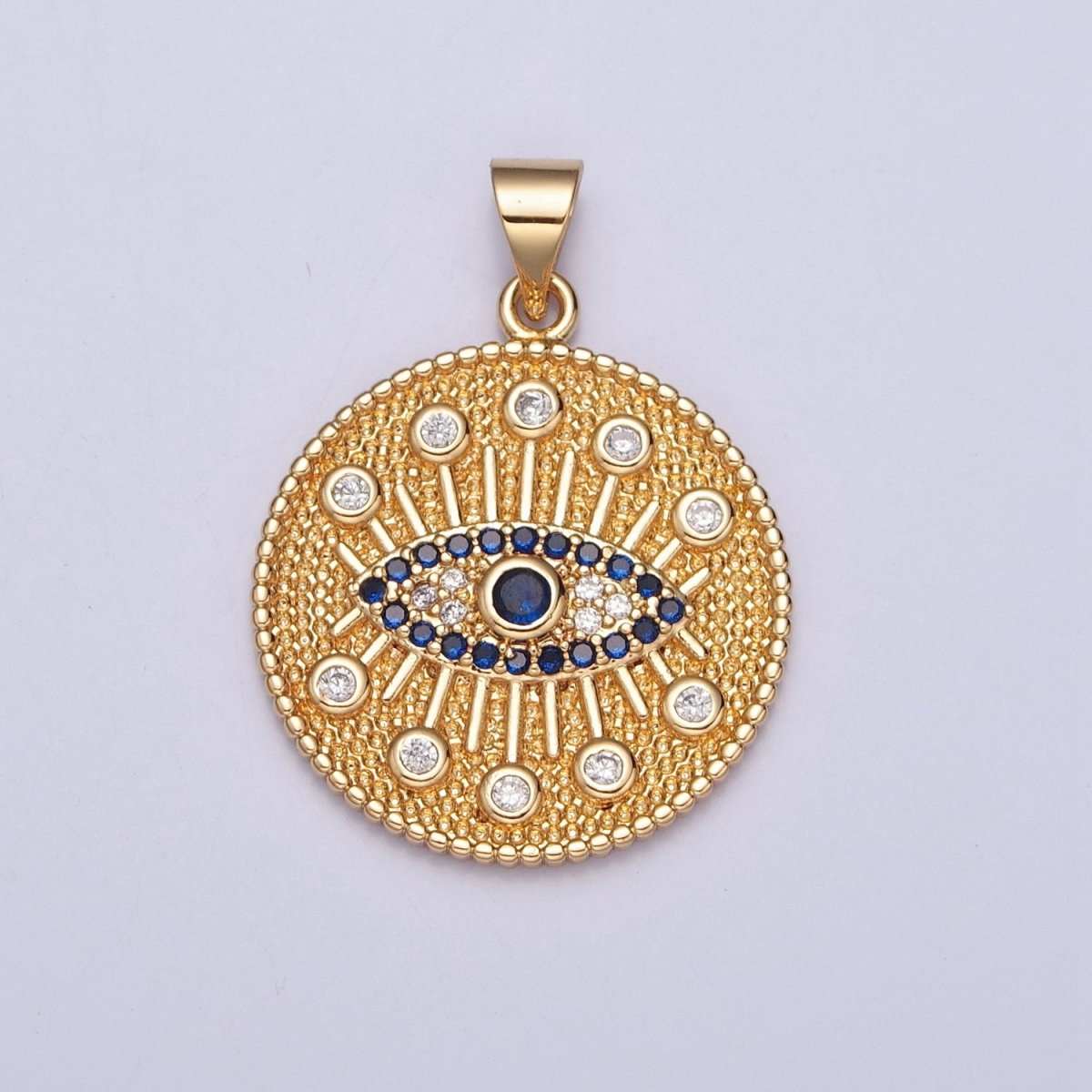 Textured Round Evil Eye Medallion, Protection Eye of Ra Cubic Zirconia CZ Pendant For Jewelry Making H-688
