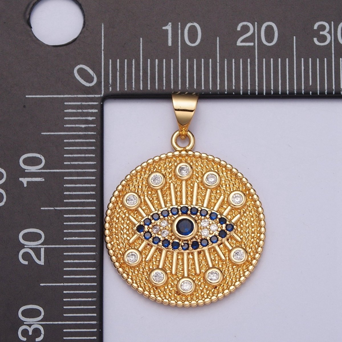 Textured Round Evil Eye Medallion, Protection Eye of Ra Cubic Zirconia CZ Pendant For Jewelry Making H-688