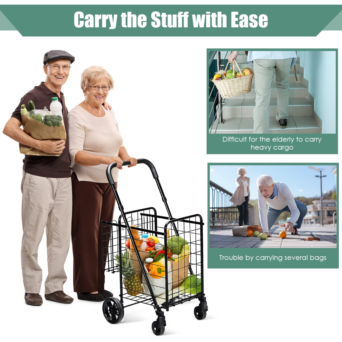 Folding Shopping Cart Basket Rolling Trolley with Adjustable Handle