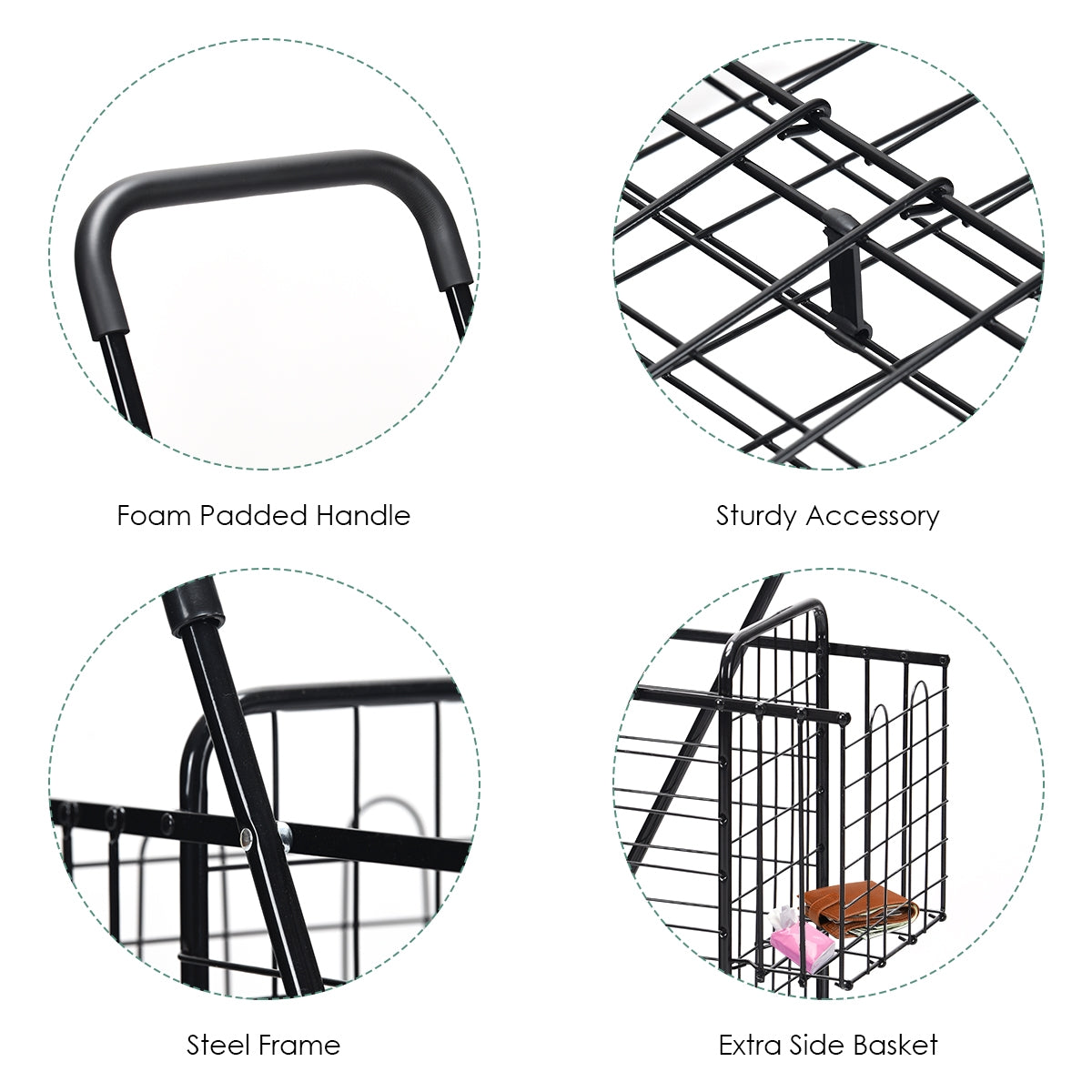 Folding Shopping Cart Basket Rolling Trolley with Adjustable Handle