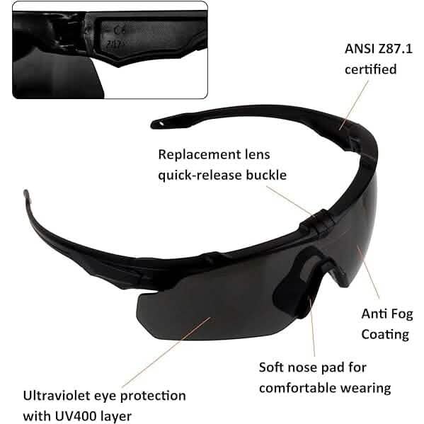 ToopMount Tactical Eyewear Anti Fog, ANSI Z87.1 Shooting Glasses with 3 Interchangeable Lens (Refurbished)